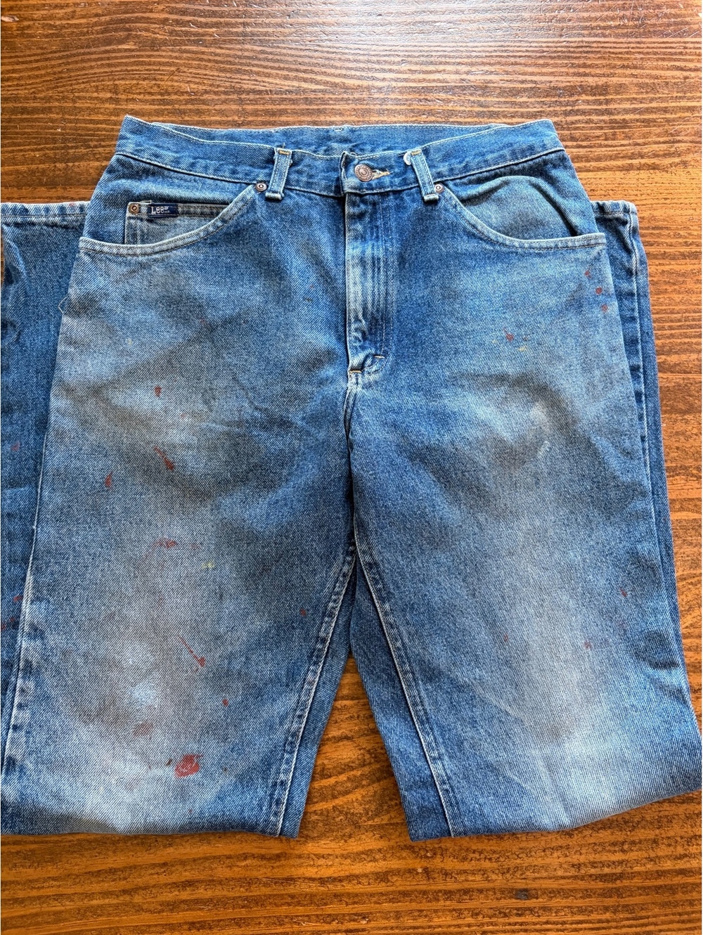 Vintage Lee Blue Denim Jeans with Paint Splatter Distressing